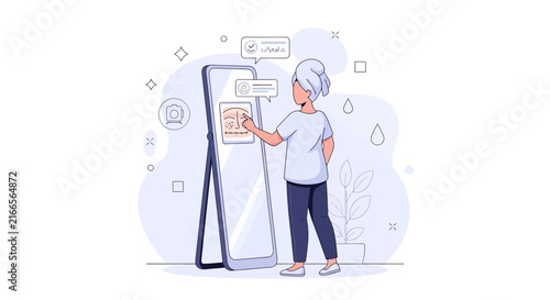 Woman uses smart mirror for skincare analysis and diagnosis, digital beauty technology concept