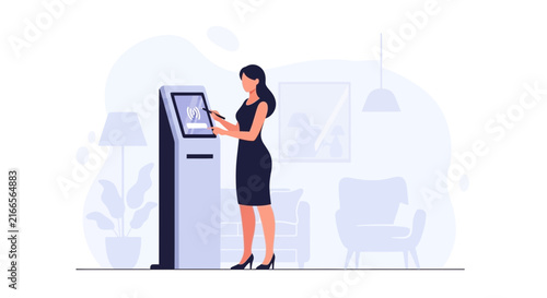 Woman Using a Touchscreen Kiosk for Interactive Self-Service in a Modern Office or Lobby