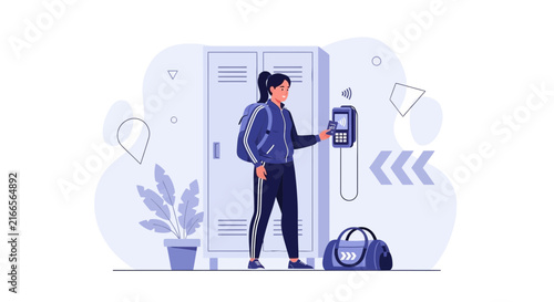 Woman using access card at gym locker and electronic lock system, fitness concept vector illustration.