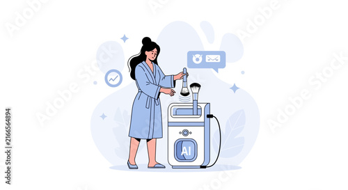 Woman using AI beauty machine for makeup brushes, modern cosmetic technology and self-care concept