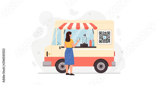 Woman using smartphone to pay at food truck via QR code, contactless payment concept illustration.