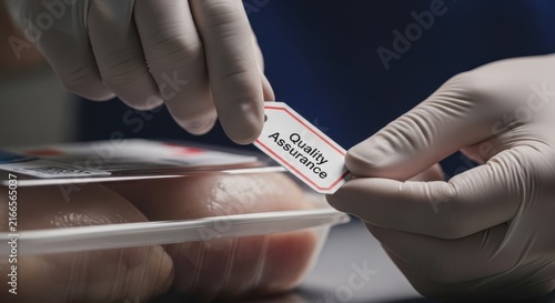 Hands in gloves carefully attaching a 'Quality Assurance' label to packaged food product