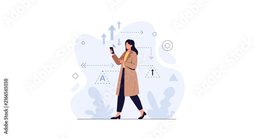 Woman Using Smartphone with Upward Arrows and Flowchart Symbols Indicating Progress and Strategy