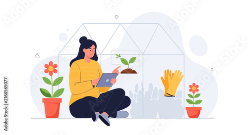 Woman using tablet in greenhouse, tending to plants, modern flat illustration style, gardening concept.