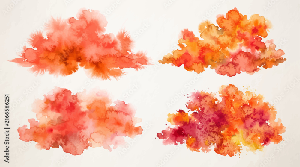 Fototapeta premium Set of bright orange and red watercolour gradient textured fluffy cloud shape stain backgrounds. Abstract warm colors wash technique watercolor blotch for nature sky concept, brush stroke texture