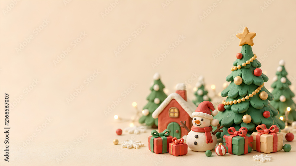 Fototapeta premium Cute Clay Craft Christmas Tree Snowman and Gifts on Warm Holiday Background with Copy Space