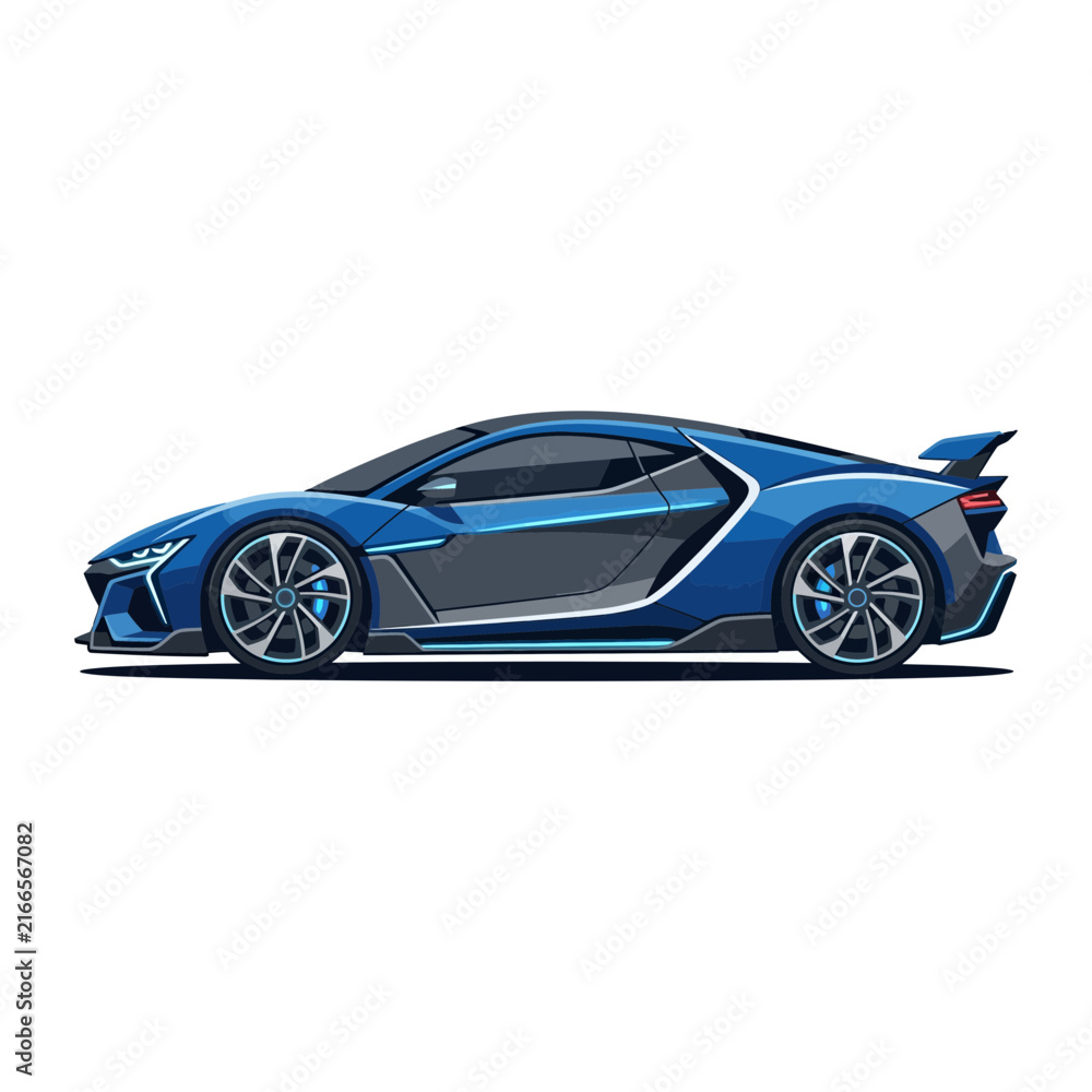Naklejka premium Sleek blue futuristic sports car with aerodynamic design and spoiler on white background