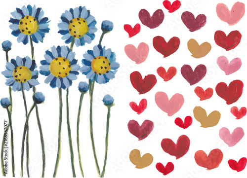 Flowers and heart pattern hand drawn watercolor art