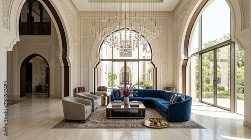 Luxurious Living Room with Arches, Blue Sofa and Chandelier