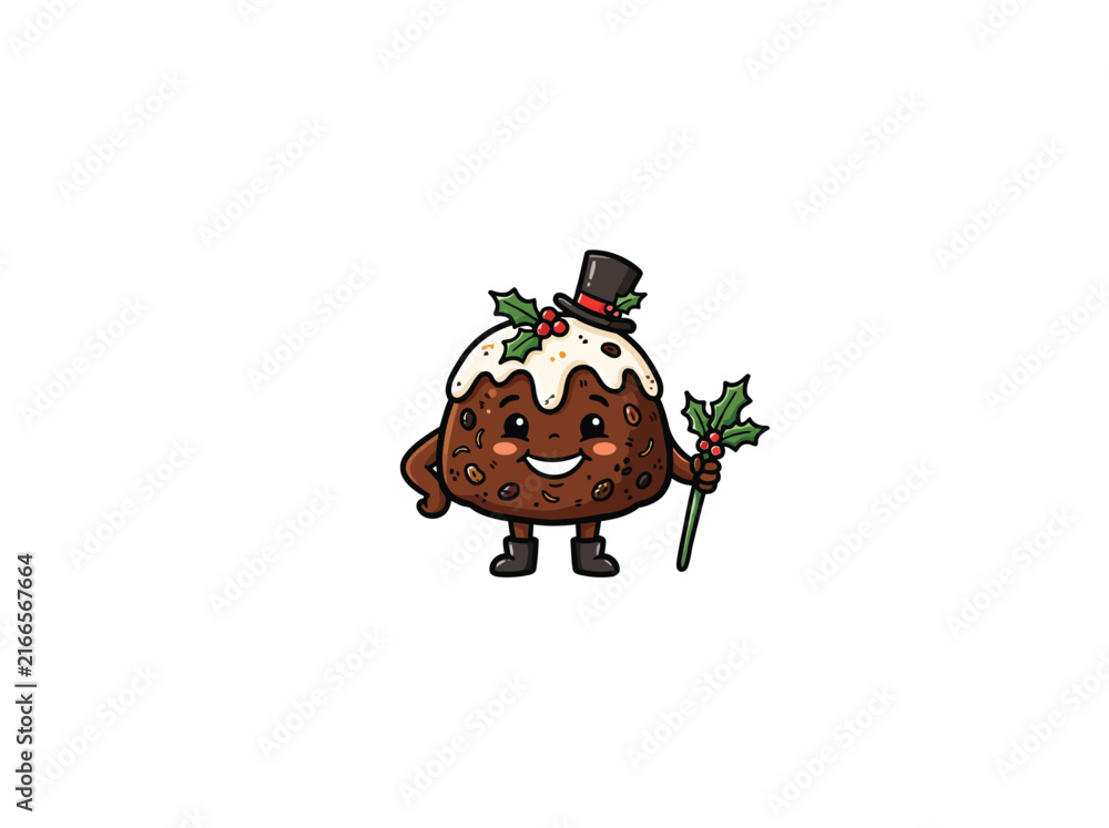 Fototapeta premium Smiling Christmas Pudding Mascot Wearing A Top Hat, Holly Sprig And Walking Stick, Cheerful Festive Dessert Character For Holiday Cards And Seasonal Design Vector Illustration