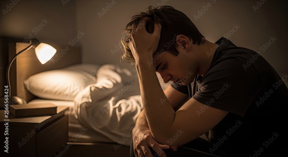 Fototapeta premium Stressed man sitting on bed in dark room.