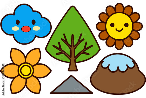 Colorful set of kawaii vector graphic illustrations featuring cute nature elements like a smiling sun tree flower and snowy mountain
