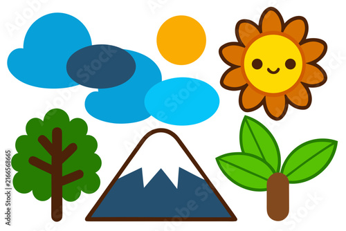 Cute vector graphic illustration featuring happy sun character blue clouds green tree snowy mountain and small plant for children design