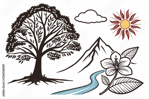 Minimalist vector illustration featuring a sprawling oak tree with mountain peaks and blooming floral elements under a bright summer sun