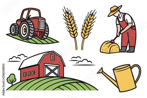 Farming vector illustration set featuring a red tractor red barn wheat stalks a farmer and a yellow watering can design