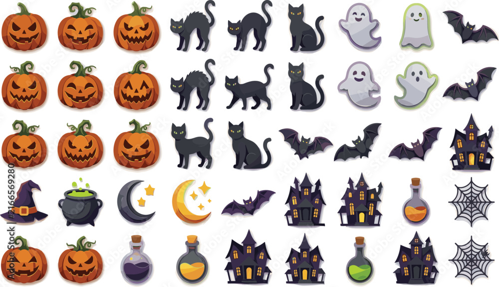 Obraz premium Spooky Halloween sticker collection featuring pumpkins ghosts black cats bats and haunted houses for festive holiday vector design