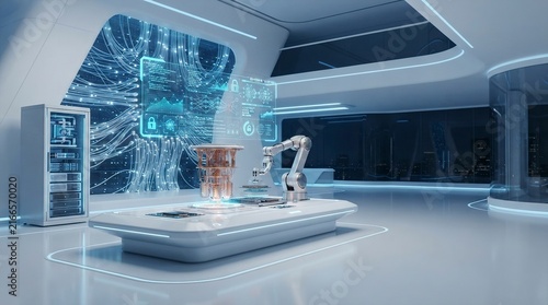 Obraz na płótnie Futuristic Quantum Computing Laboratory with Robotic Arm and Advanced Digital Holographic Interface