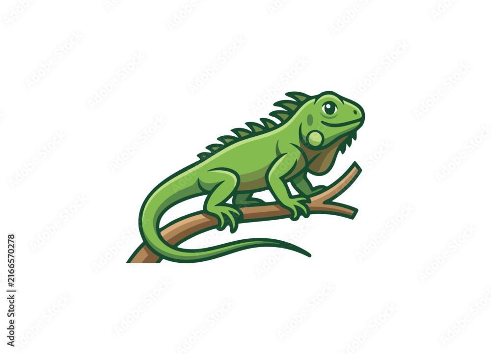 Fototapeta premium Green iguana reptile perched on a tree branch cartoon illustration