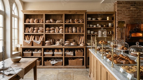 Artisan Bakery Display: Fresh Breads, Pastries, and Rustic Interior