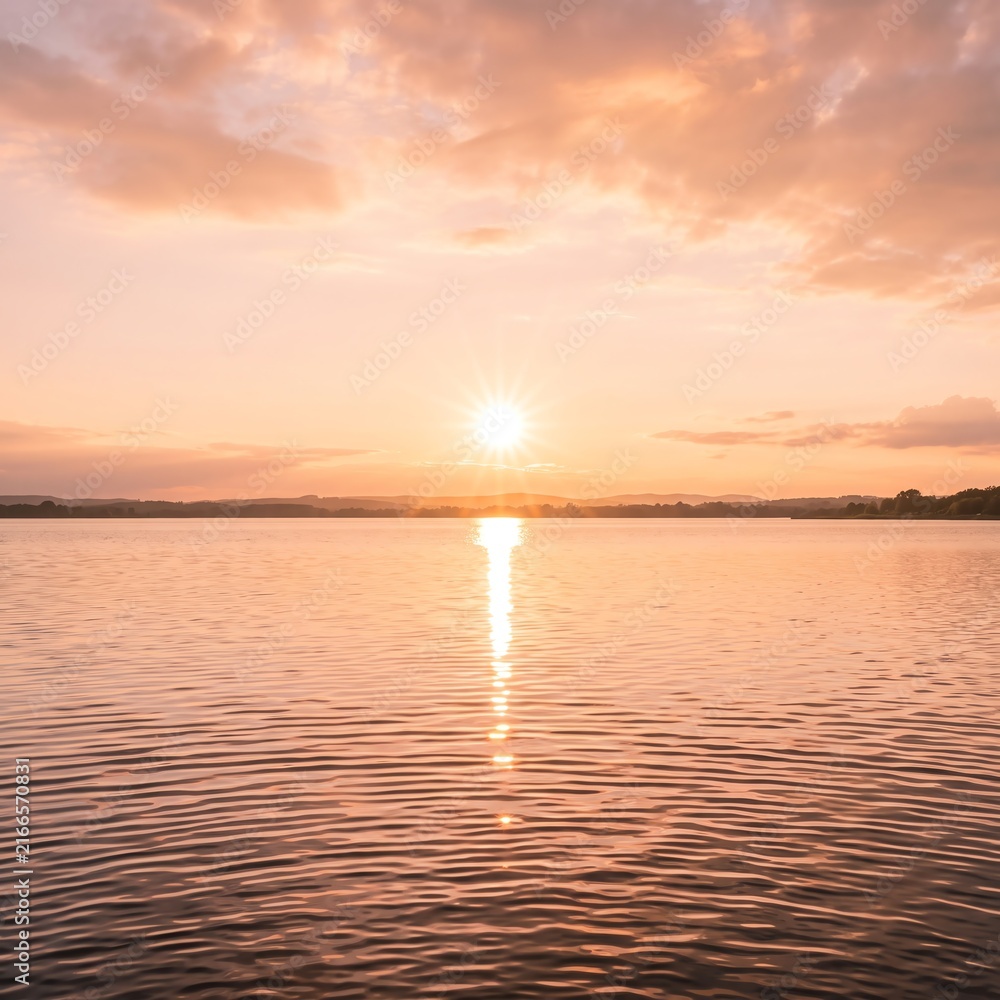 Obraz premium Beautiful Sunset Over Calm Lake with Golden Sky Reflection