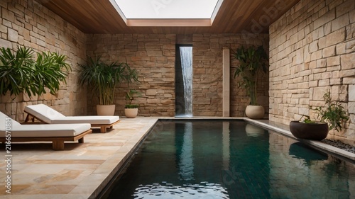 Luxurious indoor spa retreat with tranquil swimming pool, natural stone architecture, and serene relaxation ambiance