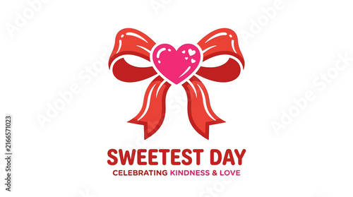 Sweetest Day celebration logo with red ribbon bow and pink heart.