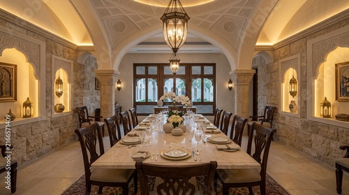 Elegant Long Dining Table Setting, Formal Dinner Room, Luxury Interior