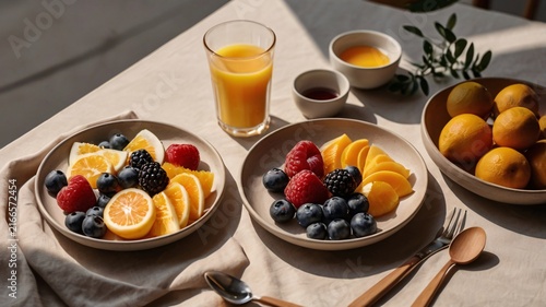 Vibrant fresh fruit and juice breakfast under morning light, a healthy and energizing start to the day