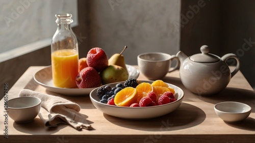 Healthy breakfast tray with fresh fruit, orange juice, and a teapot on a wooden table