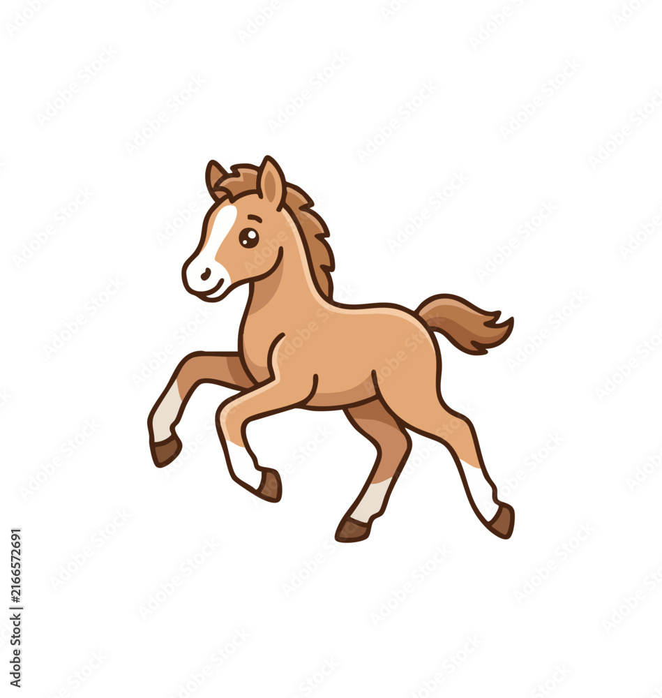 Fototapeta premium Cute cartoon foal trotting with joyful expression