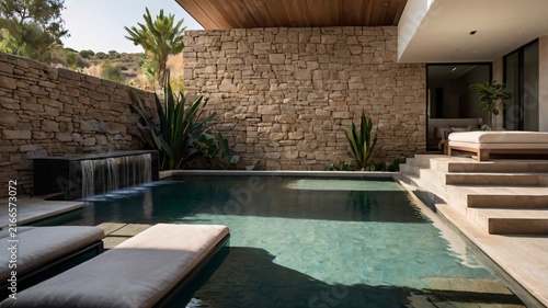 Luxury Modern Villa Private Swimming Pool with Stone Wall Architecture and Tropical Landscaping