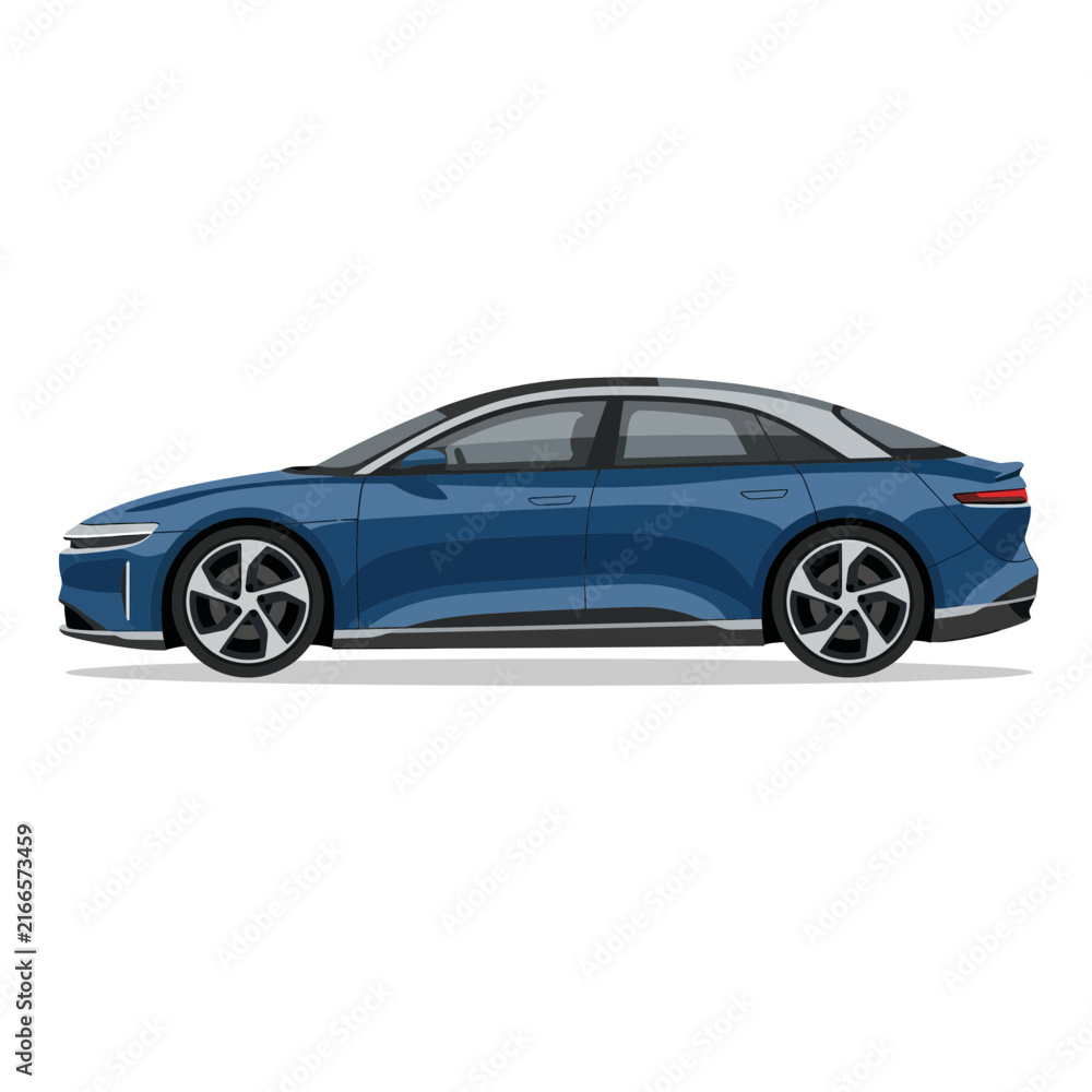 Naklejka premium Blue Electric Sedan Car Side View Isolated Transparent Background Vector