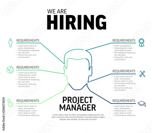 A professional hiring infographic detailing requirements for a project manager position. Use this recruitment template for your project manager hiring search.
