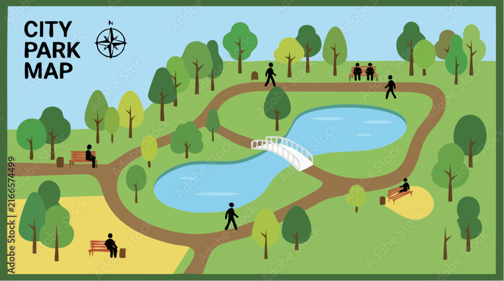 Obraz premium City Park Map Vector Illustration with Winding Paths and Ponds