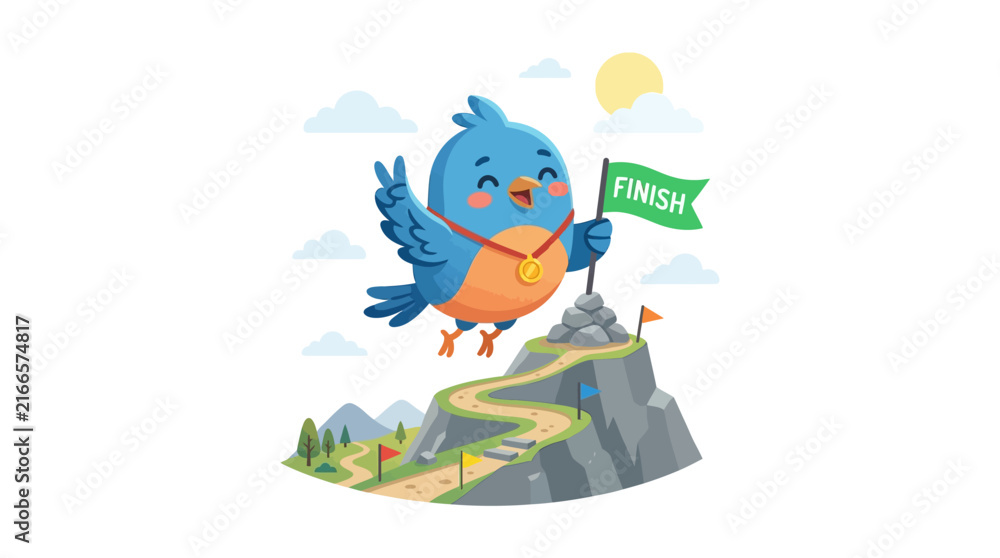 Fototapeta premium Cute bird with medal celebrates reaching finish line, victory, achievement