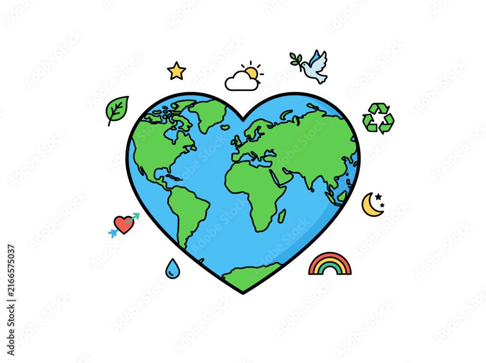 Fototapeta premium Heart Shaped Earth Map with Ecology Icons for Sustainability and Peace Concept