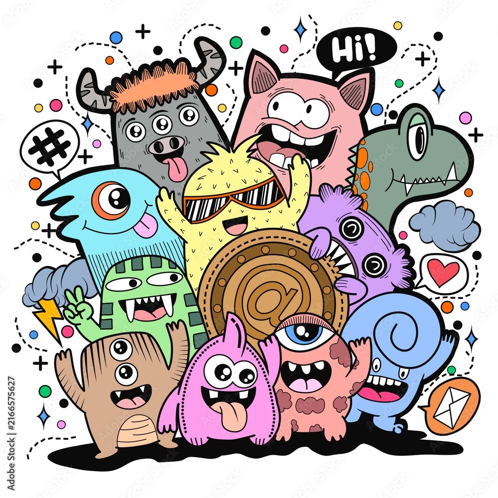 Naklejka premium Cute Colorful Doodle Monsters Crowd Gathering Together