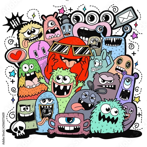 Konstfotografi Colorful Cute Monster Doodle Crowd