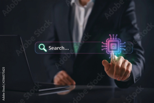 Answer engine optimization AEO concept with hand pointing on search bar referring to searching for information on the internet with AI assistance.