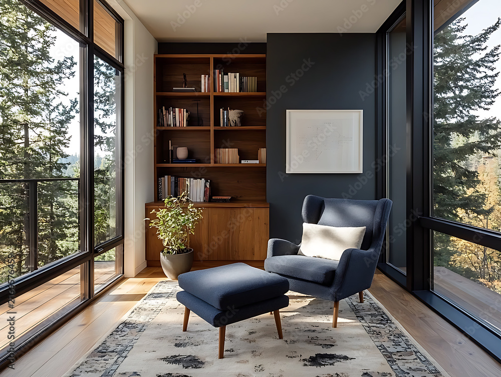 Fototapeta premium Cozy reading nook with armchair and ottoman overlooking a forest