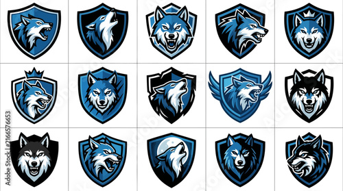 Collection of Blue Wolf Head Shield Emblems.