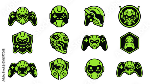 Green Gaming Controller and Helmet Icons Set.