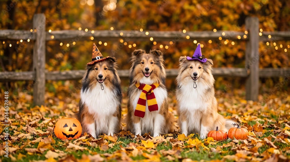 Fototapeta premium Three fluffy dogs in matching autumn scarves pose happily beside pumpkins under string lights.
