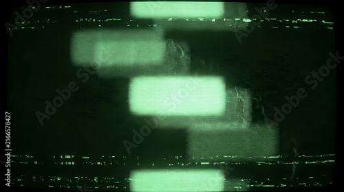 Green rectangular shapes stack vertically on a dark, glitchy screen.