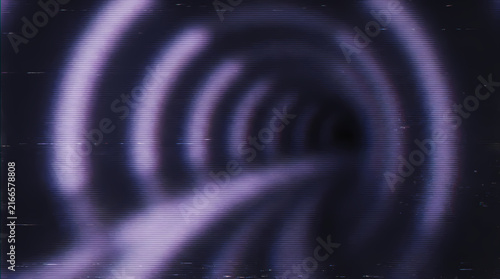 A swirling tunnel of purple light recedes into darkness.