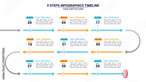 9 Step Timeline Infographic with Calendar, Arrows and Target with Editable Text for Business Process Presentation