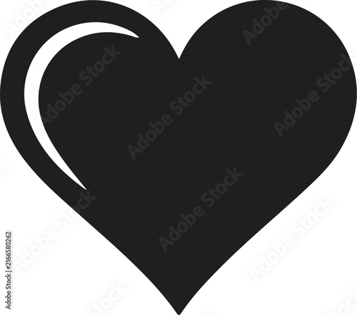 Black Heart Love Icon with Elegant White Highlight Curve, Bold Romantic Valentine Symbol, Minimal Vector Illustration for T Shirts, Logos, Cards, Posters, Stickers and Modern Graphic Design