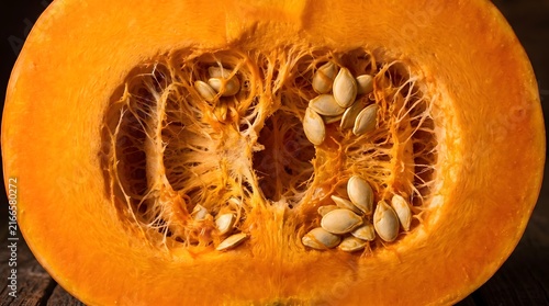 Macro close-up of a halved ripe orange pumpkin showing raw flesh, stringy pulp, and seeds. Beautiful rich texture for autumn harvest, Thanksgiving, and healthy organic food concepts