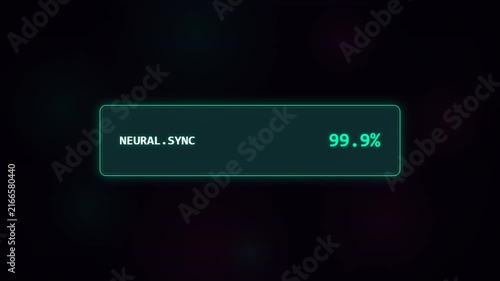 Futuristic neural synchronization interface displaying a ninety-nine percent completion status on a dark glowing background