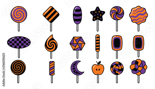 Set of halloween lollipop candies and sweets with spooky shapes in orange and purple vector illustration halloween lollipops halloween candy collection sweet treats